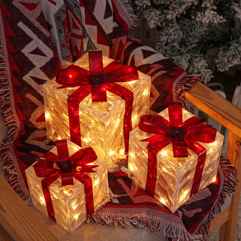 Set of 3 LED Light Gift Boxes for Christmas Tree and Home Decorations