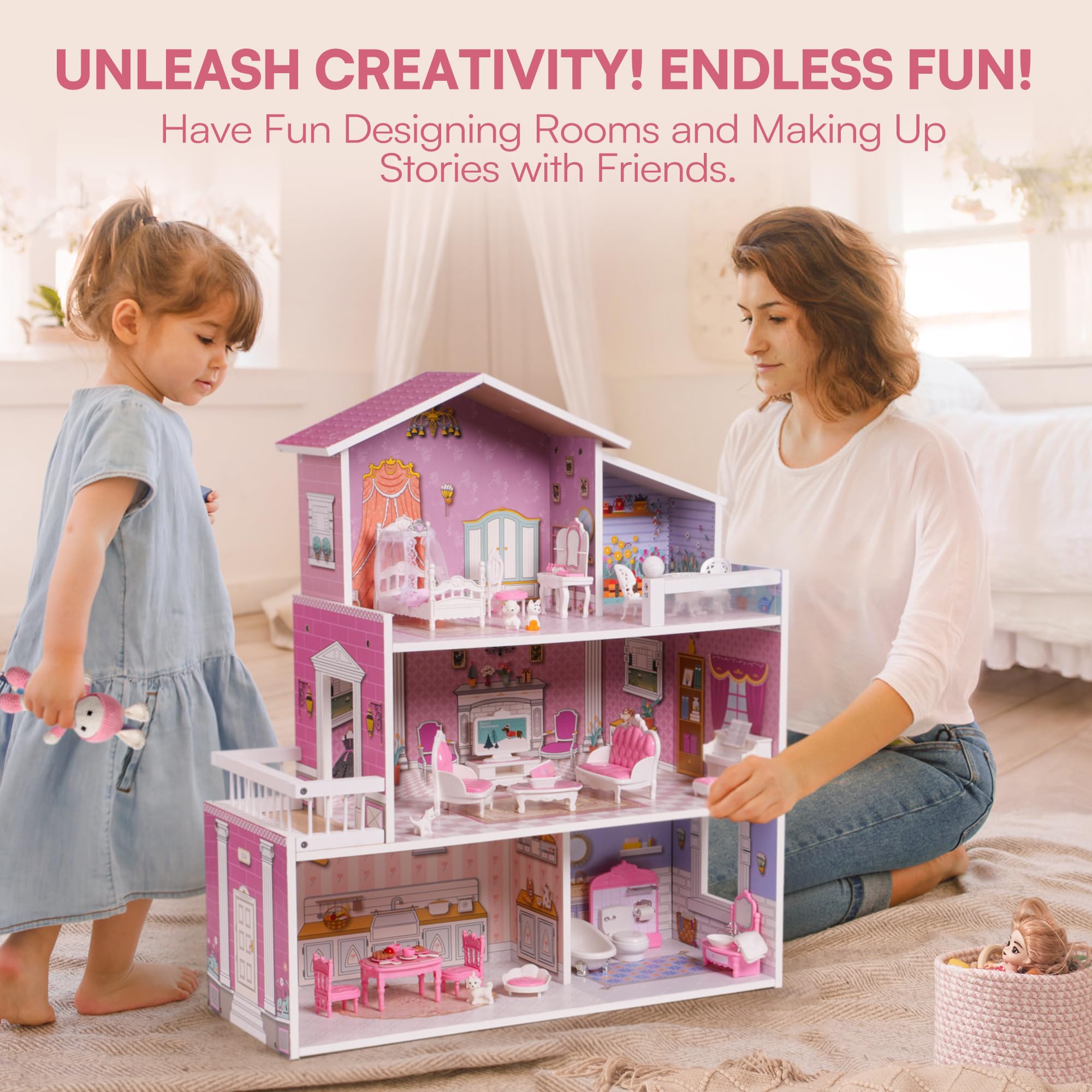 Wooden Dollhouse For Kids With 24 Pieces Furniture Preschool