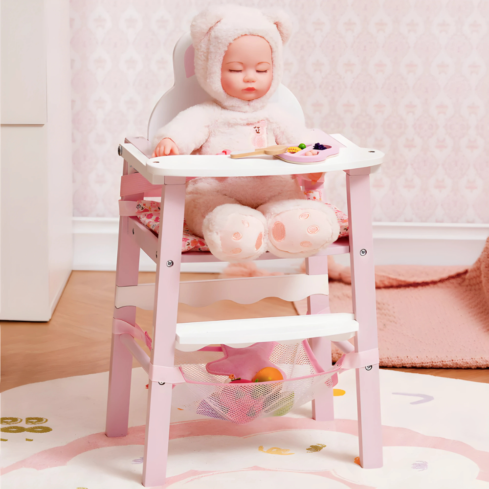 Wooden Baby Doll High Chair Pink Play Furniture