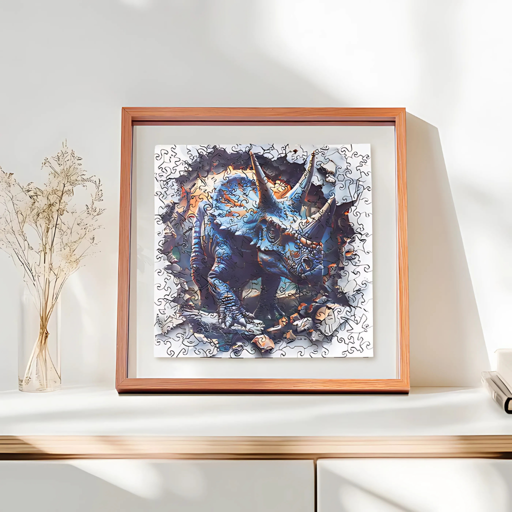 Wall Breaking Triceratops Wooden Jigsaw Puzzle With Frame