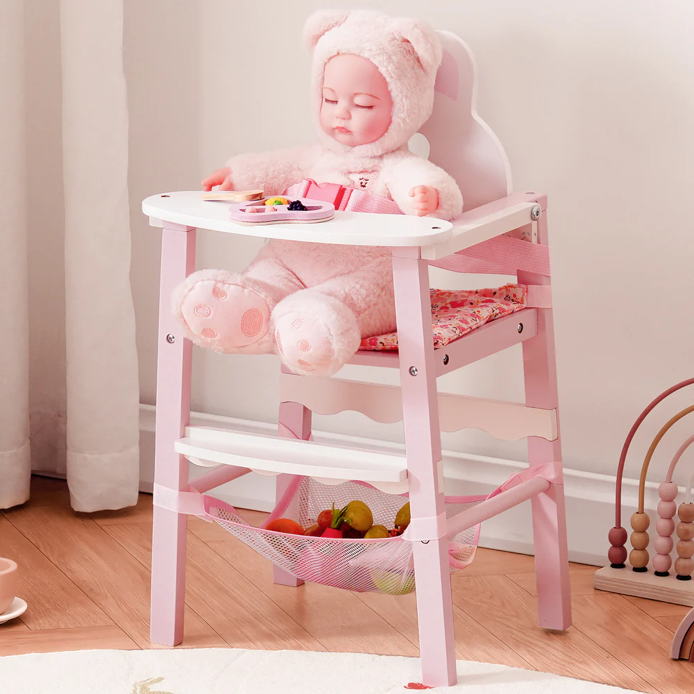 Wooden Baby Doll High Chair Pink Play Furniture