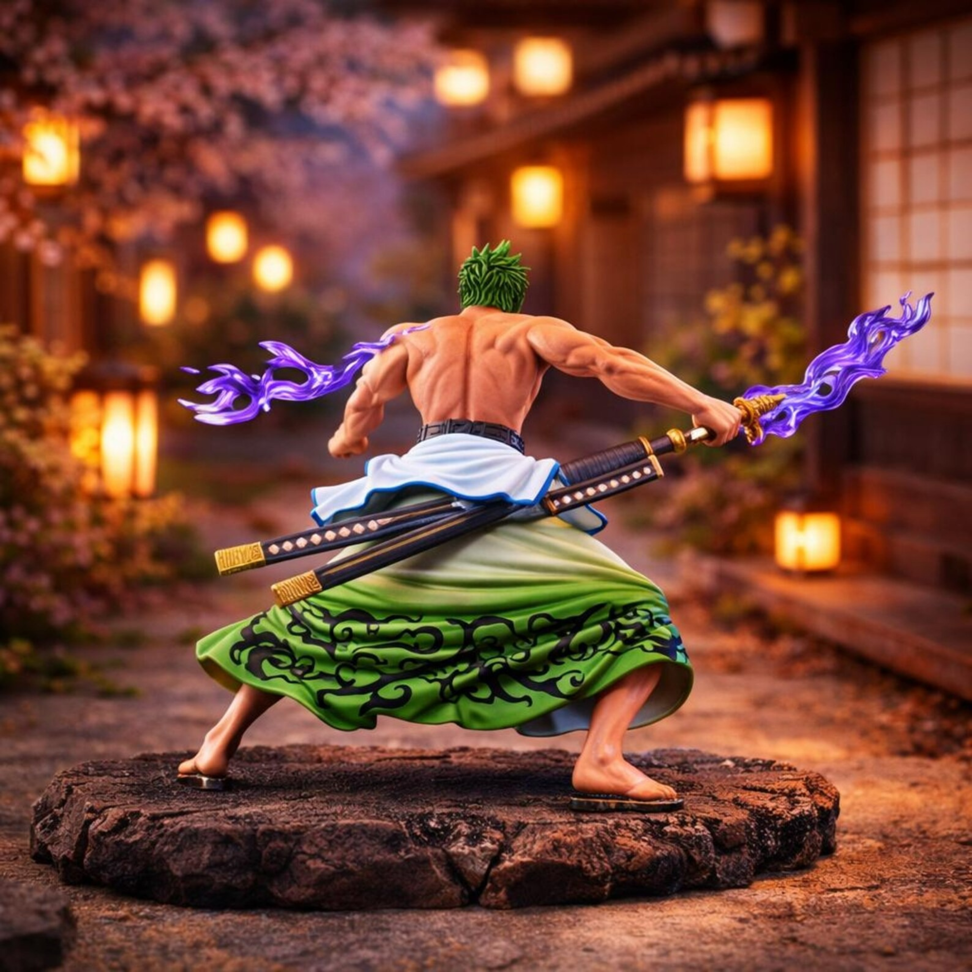 Roronoa Zoro One Piece Figure Collectible with Purple Flame Swords