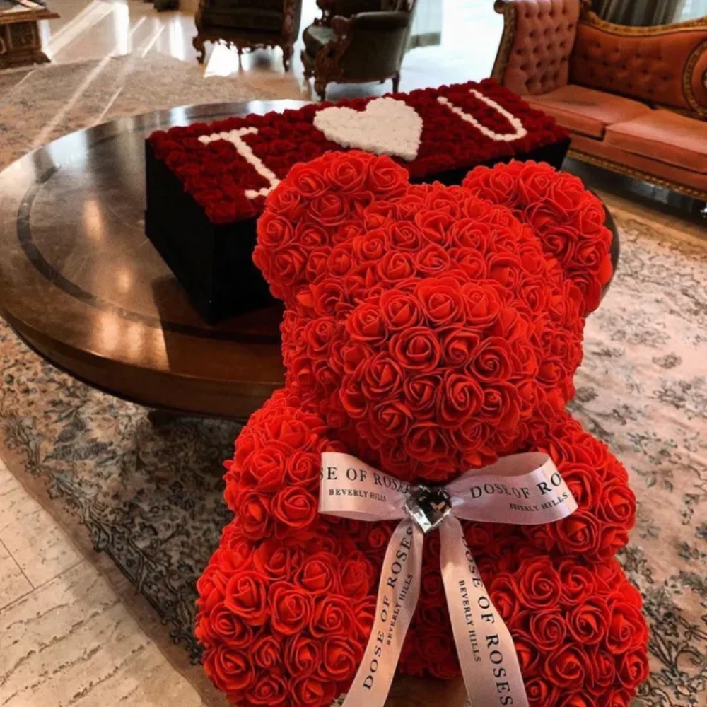 Flower Teddy Bear Gift Box With Ribbon