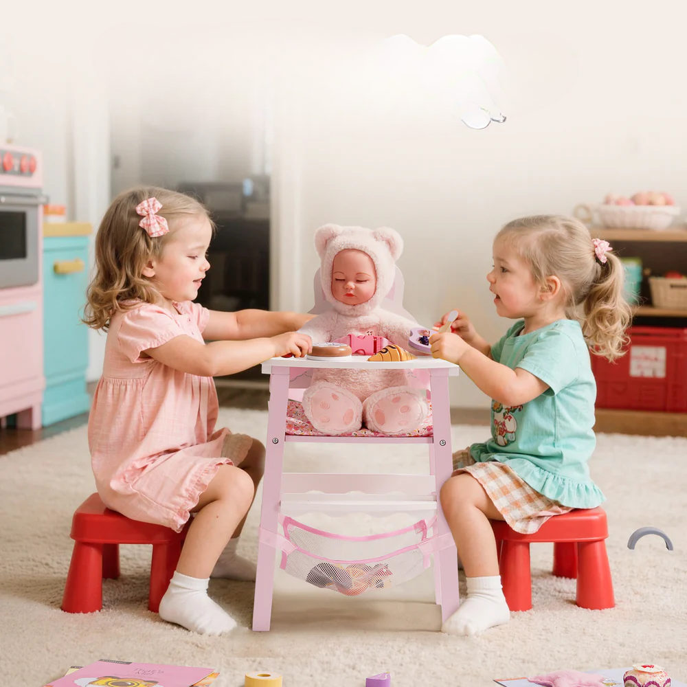 Wooden Baby Doll High Chair Pink Play Furniture