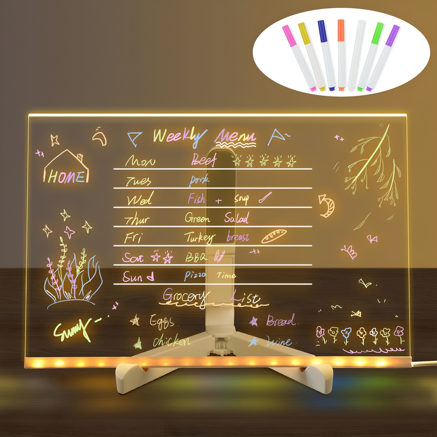 Acrylic 11.8 Inch Light Up LED Dry Erase Note Board with Stand and 7 pcs Colorful Pens