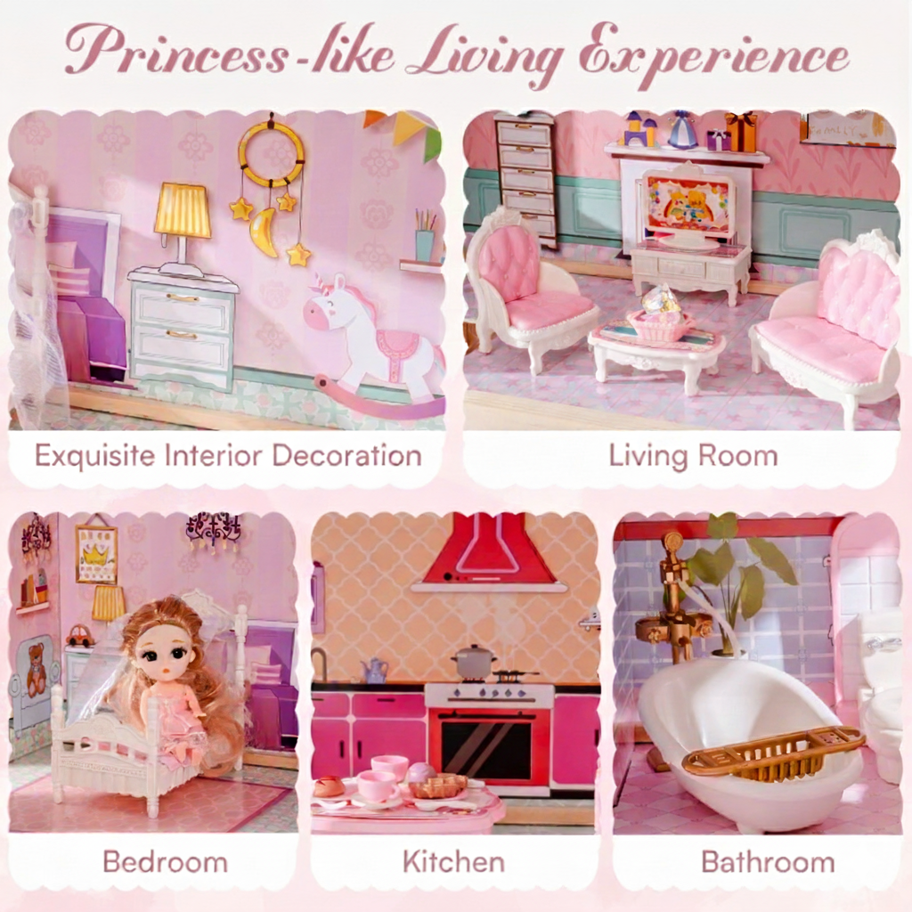 Wooden Dollhouse With Fountain Garden Playset