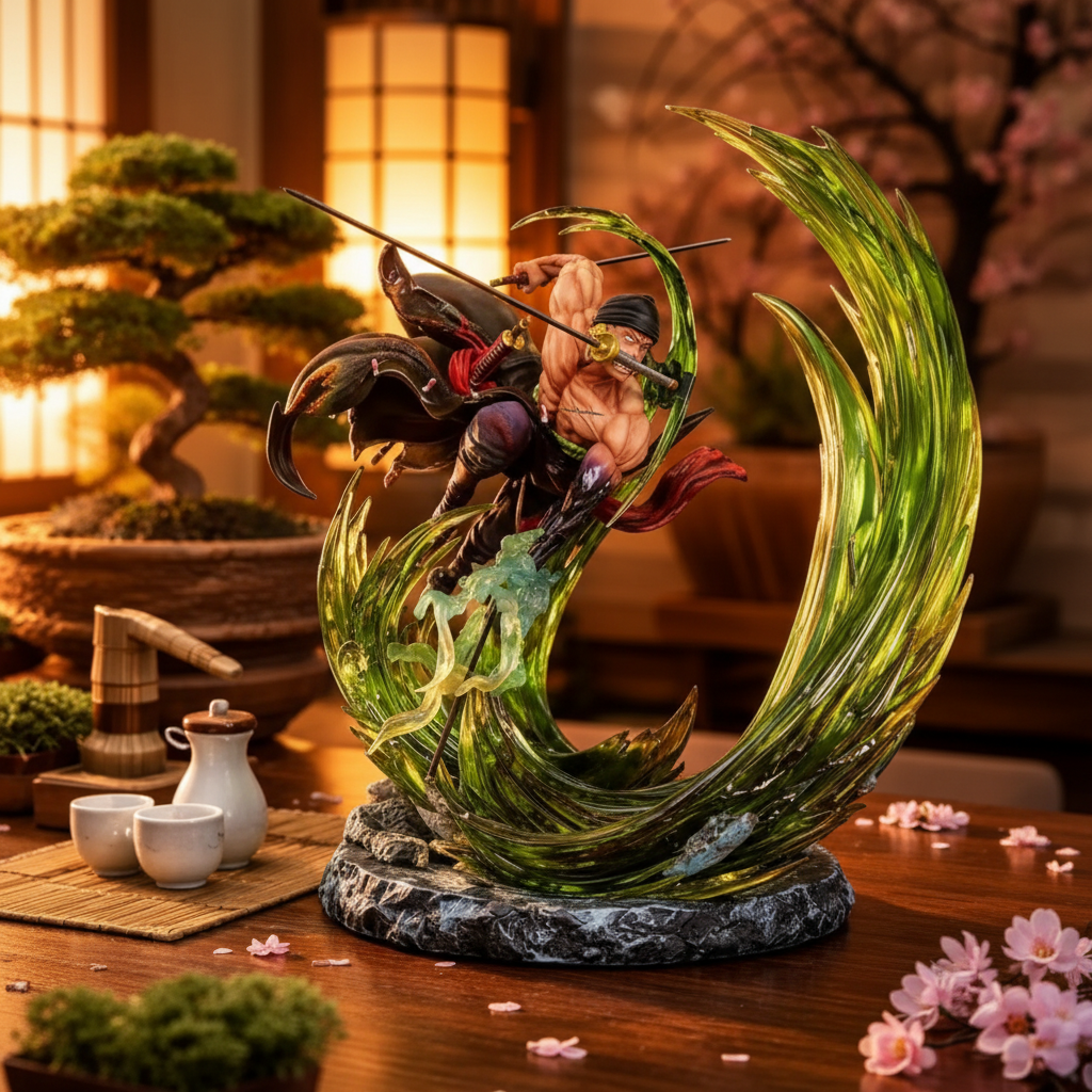 Roronoa Zoro Three Sword Style Figure Anime Samurai Statue with Green Energy Effect