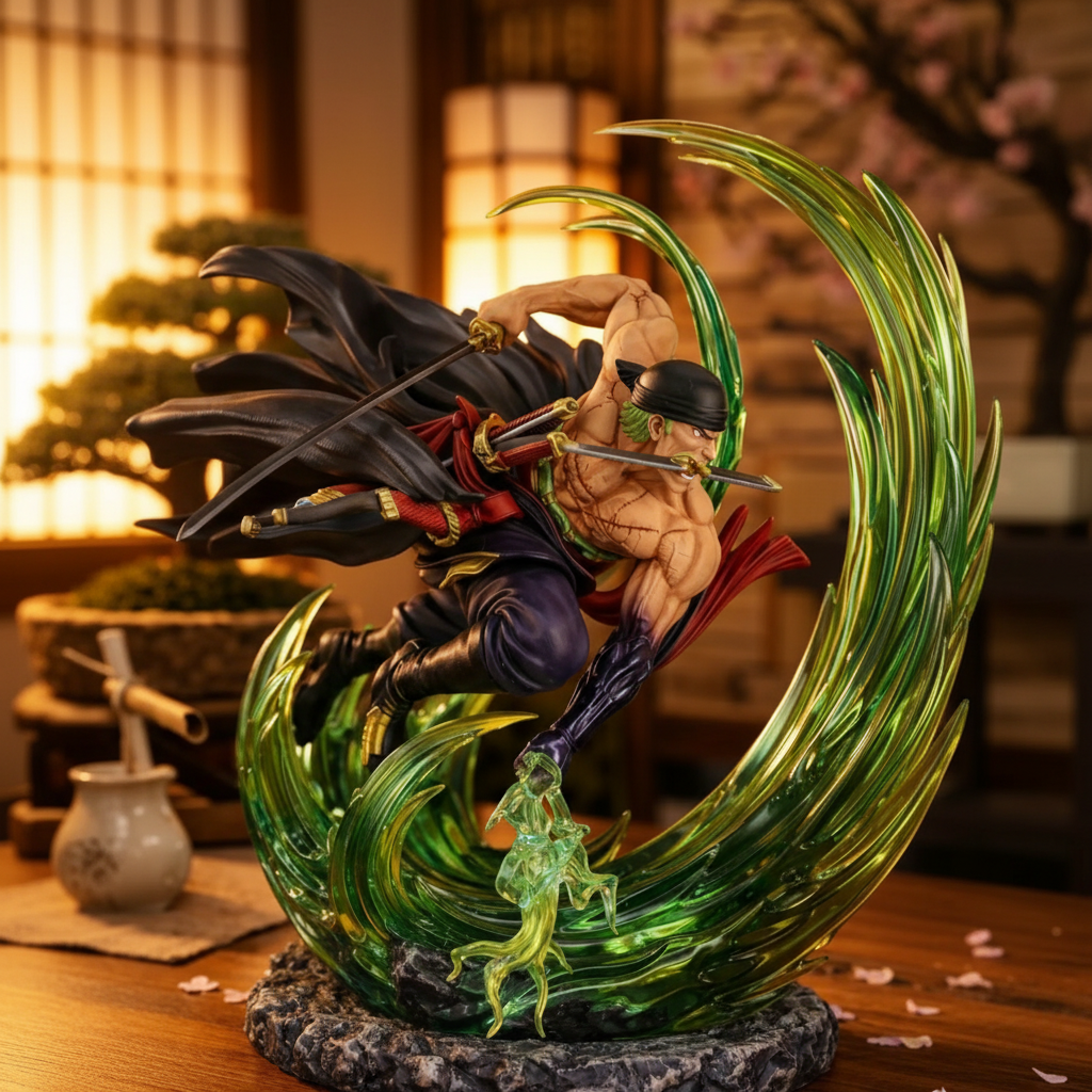 Roronoa Zoro Three Sword Style Figure Anime Samurai Statue with Green Energy Effect