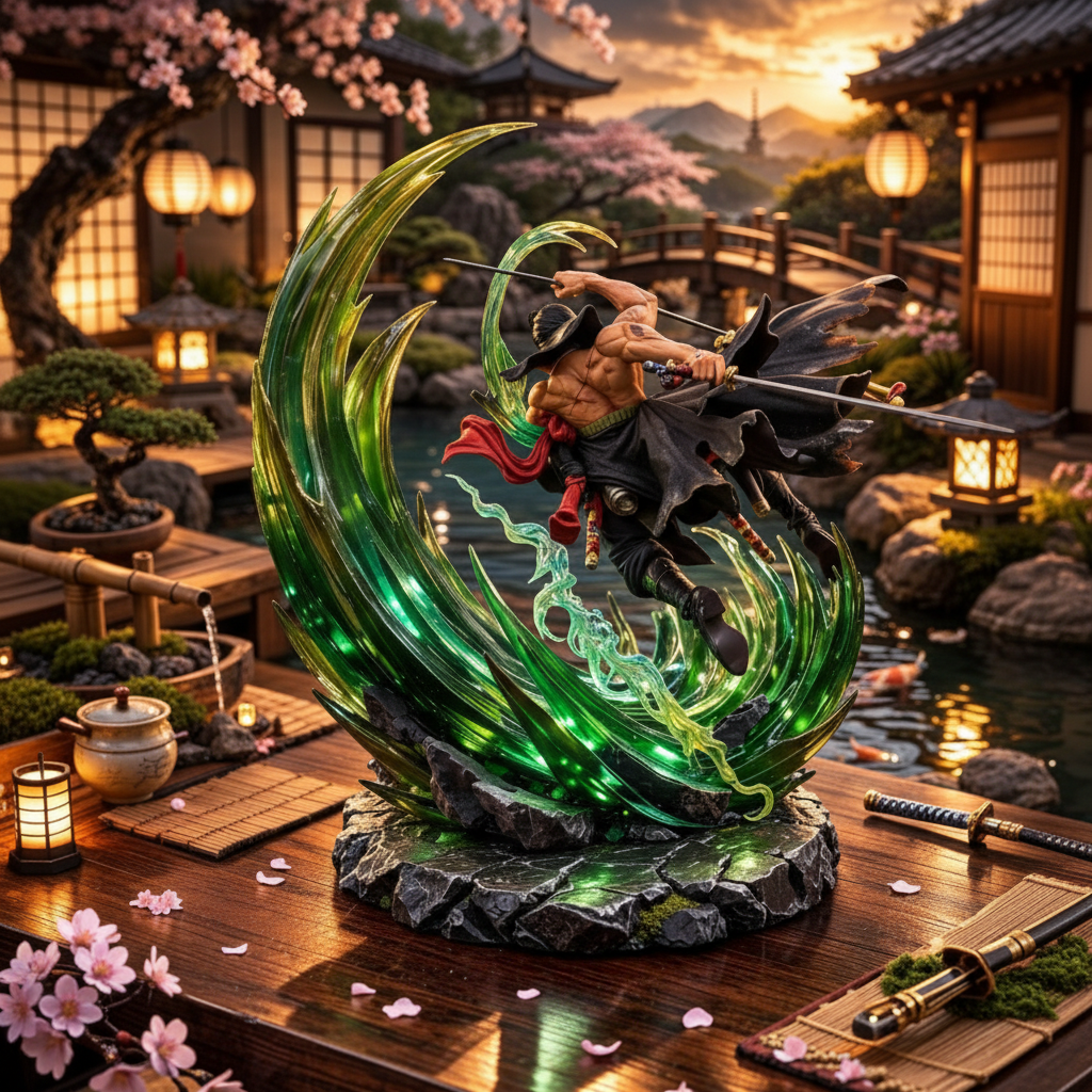 Roronoa Zoro Three Sword Style Figure Anime Samurai Statue with Green Energy Effect