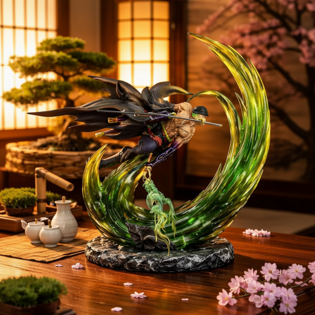 Roronoa Zoro Three Sword Style Figure Anime Samurai Statue with Green Energy Effect