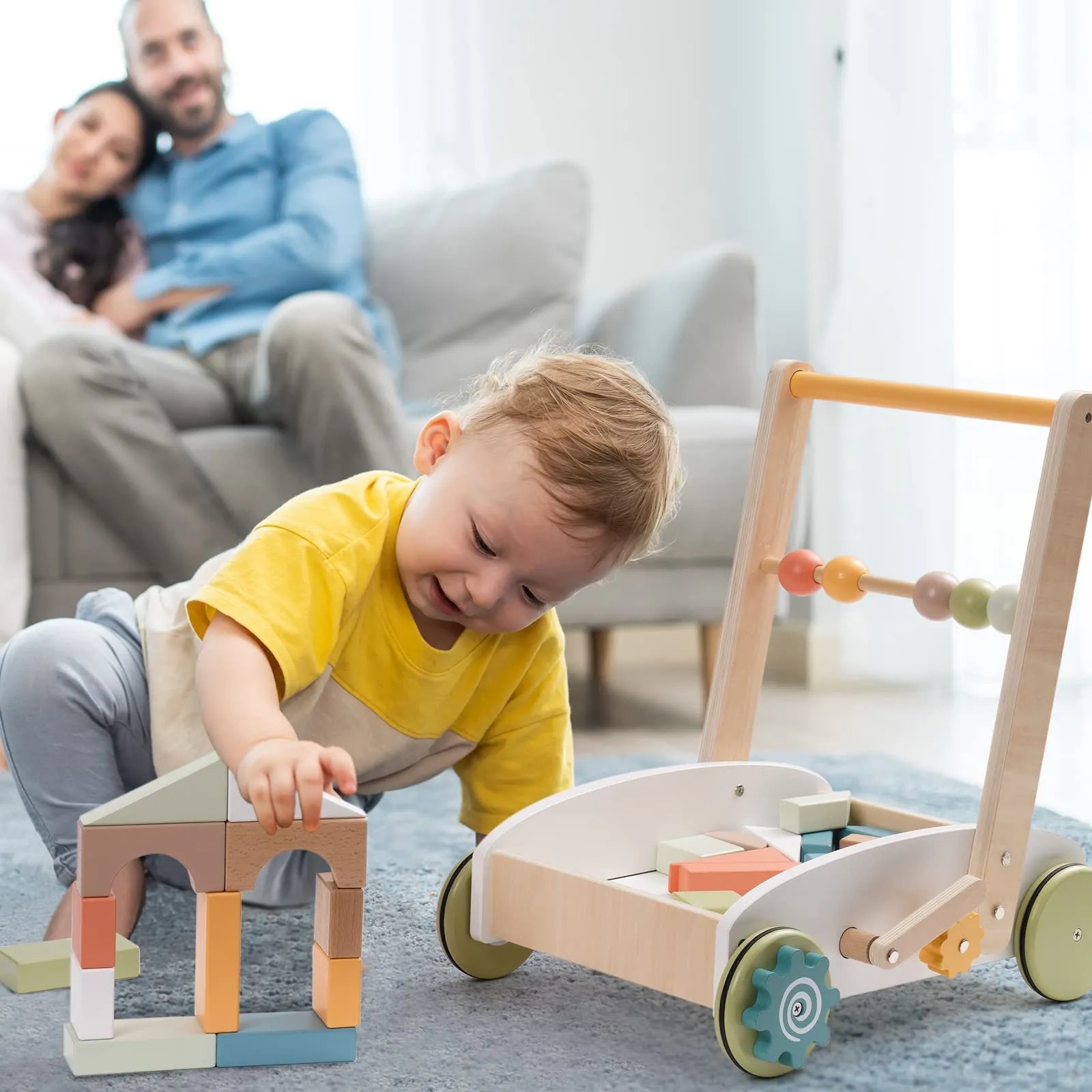 Wooden Baby Push Walker Toy With Blocks