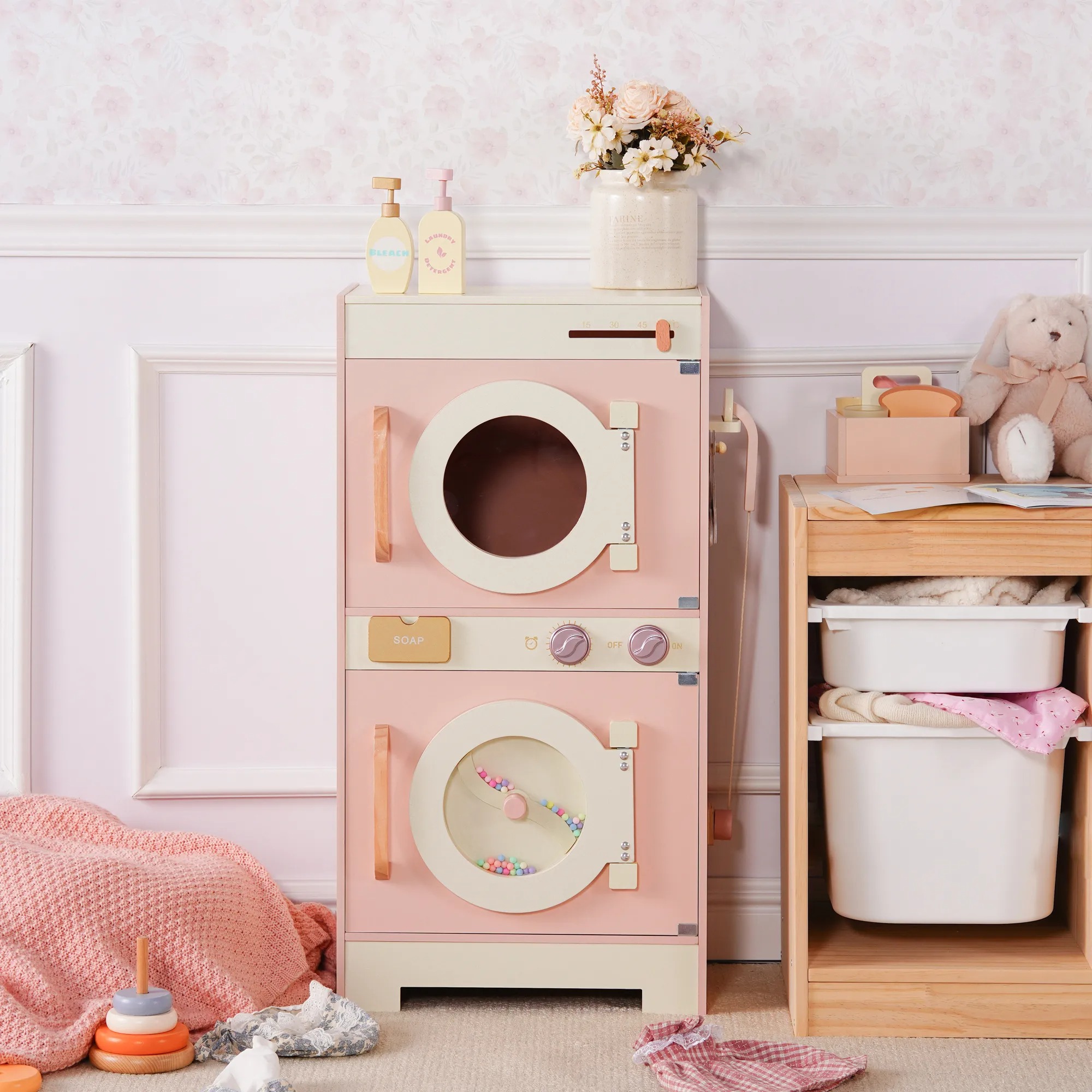 Wooden Pink Washing Machine With Dryer