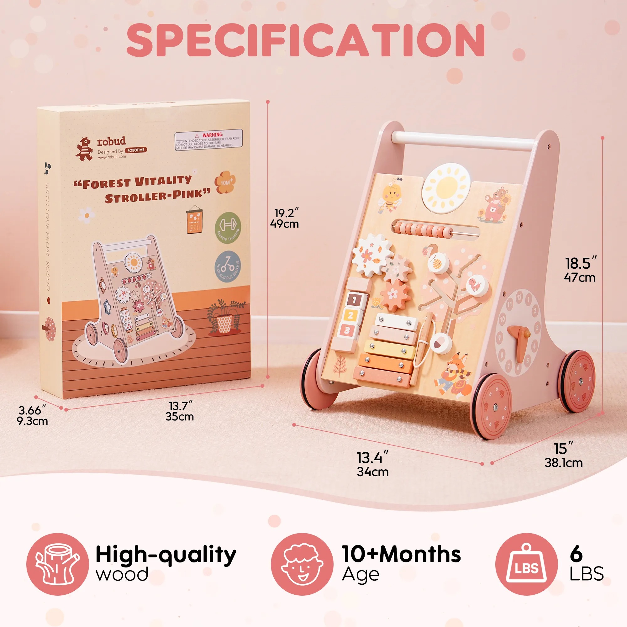 Wooden Baby Push Walker Side View