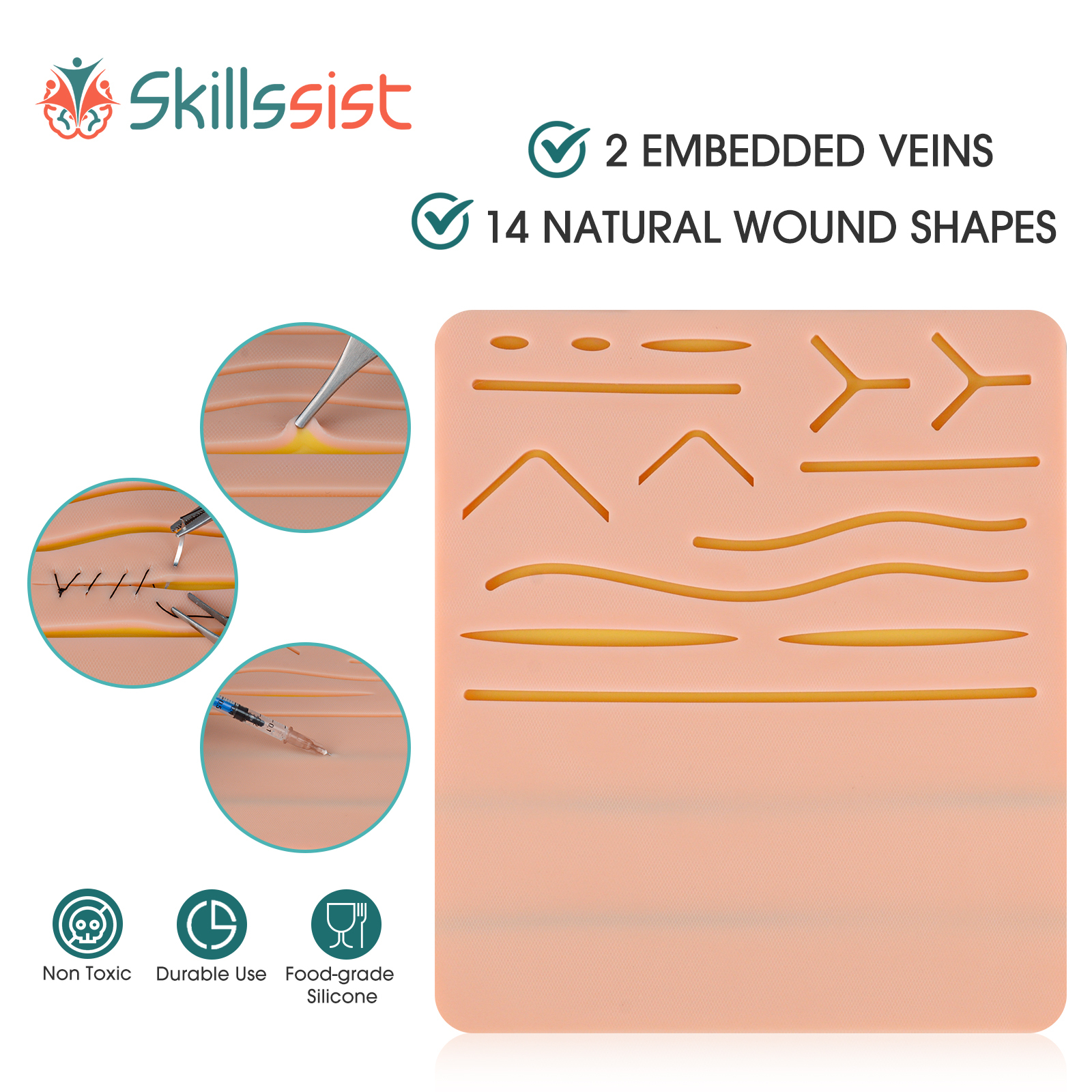 Suture Practice Pad & Injection IV Training Pad with 14 Pre-Cut Wounds and 2 Veins