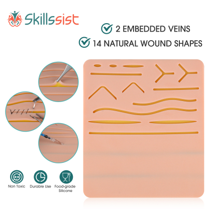 Suture Practice Pad & Injection IV Training Pad with 14 Pre-Cut Wounds and 2 Veins