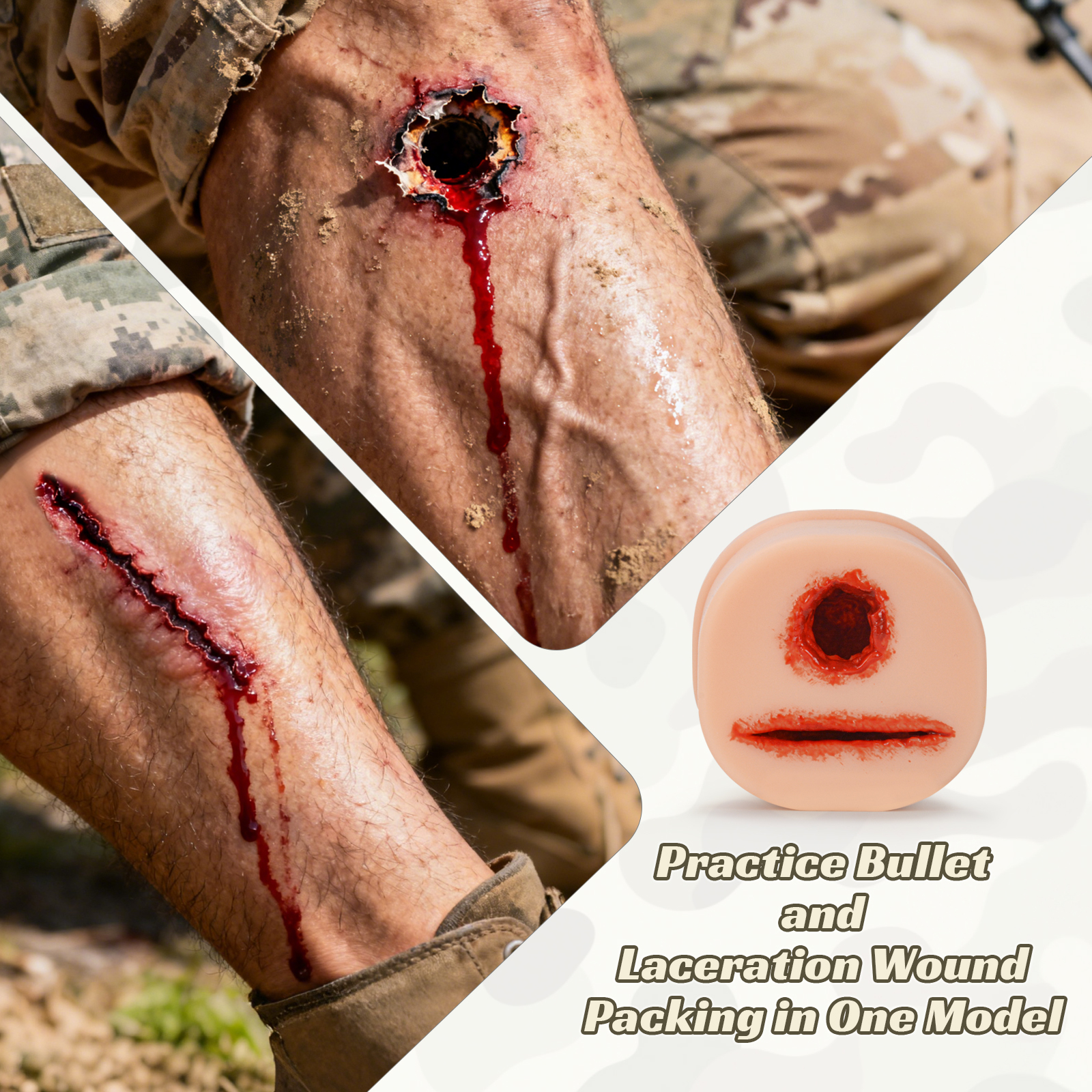 Practice Bullet and Laceration Wound Packing in One Model