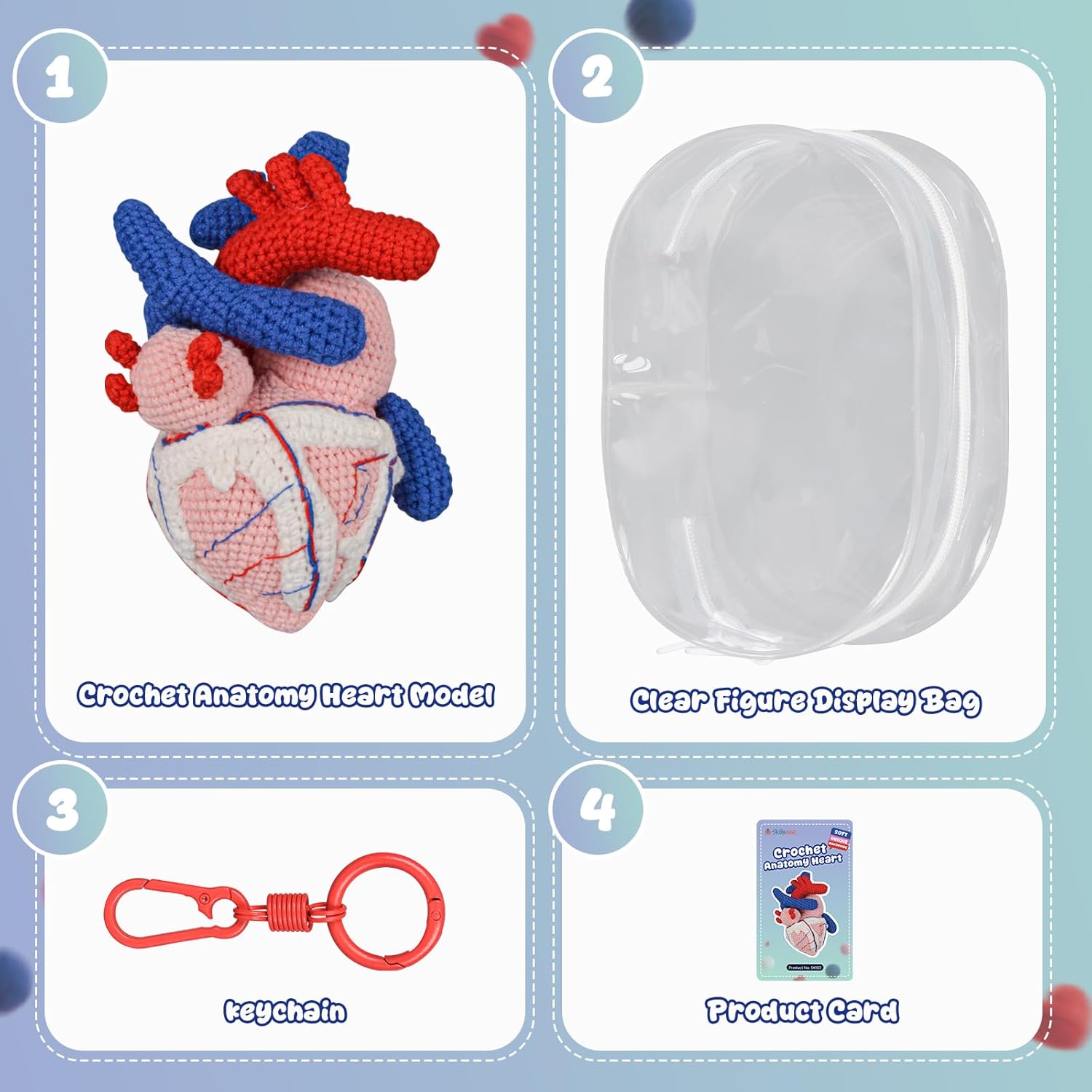 Crochet Anatomical Heart Plush Keychain Set Contents