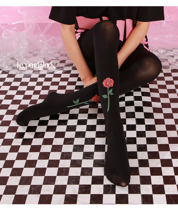 Rose Harajuku Tattoo Printed Tights, a unique retro-style black tights perfect for autumn outfits