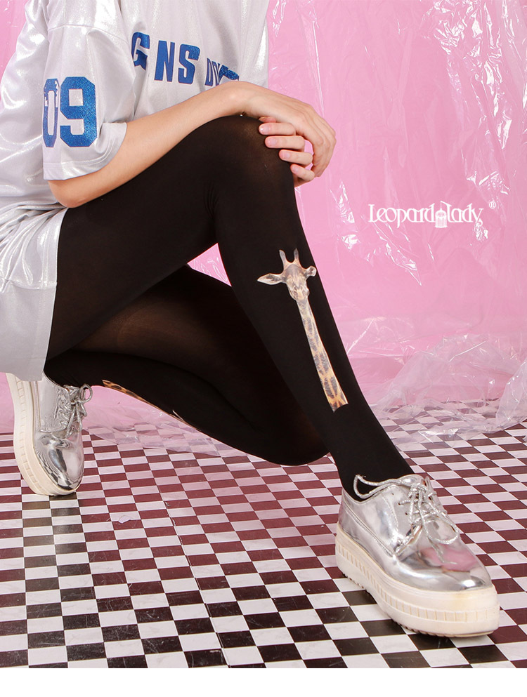 Giraffe Head Photo Tattoo Pantyhose Black Autumn Style 120D