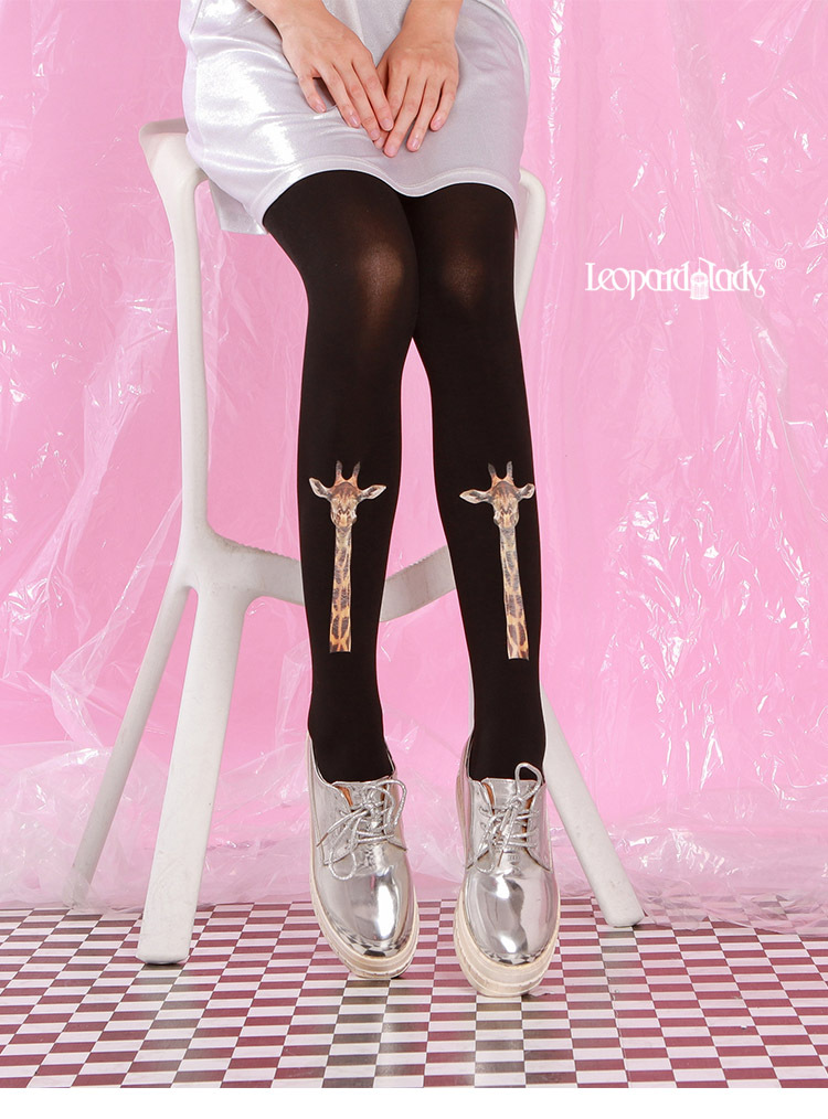 Giraffe Head Photo Tattoo Pantyhose Black Autumn Style 120D