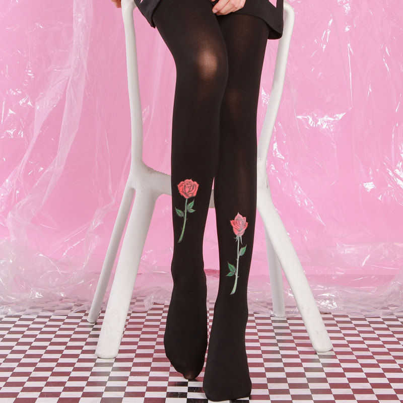 Rose Harajuku Tattoo Printed Tights, a unique retro-style black tights perfect for autumn outfits