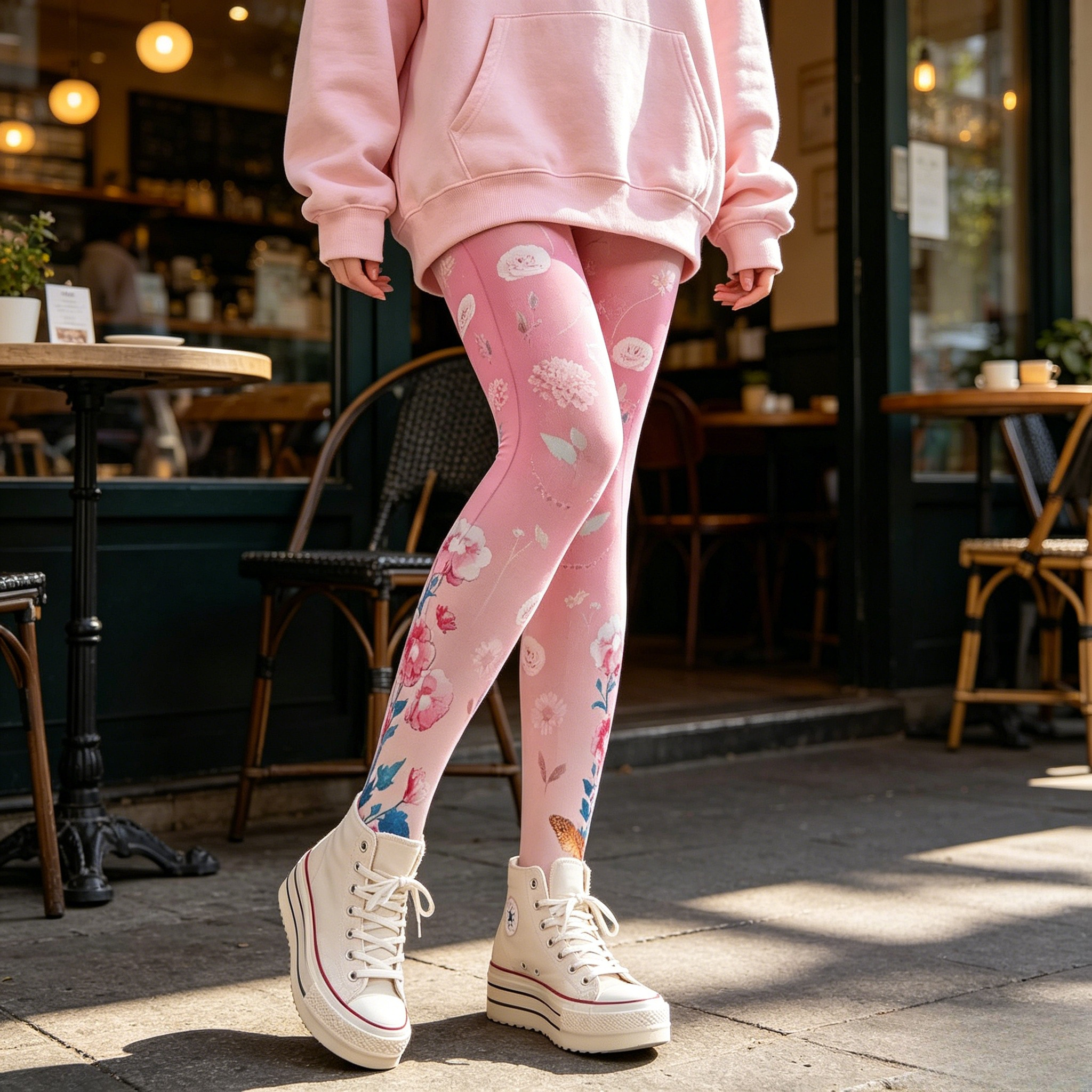 Pink background hand-painted flower pattern tight print pantyhose