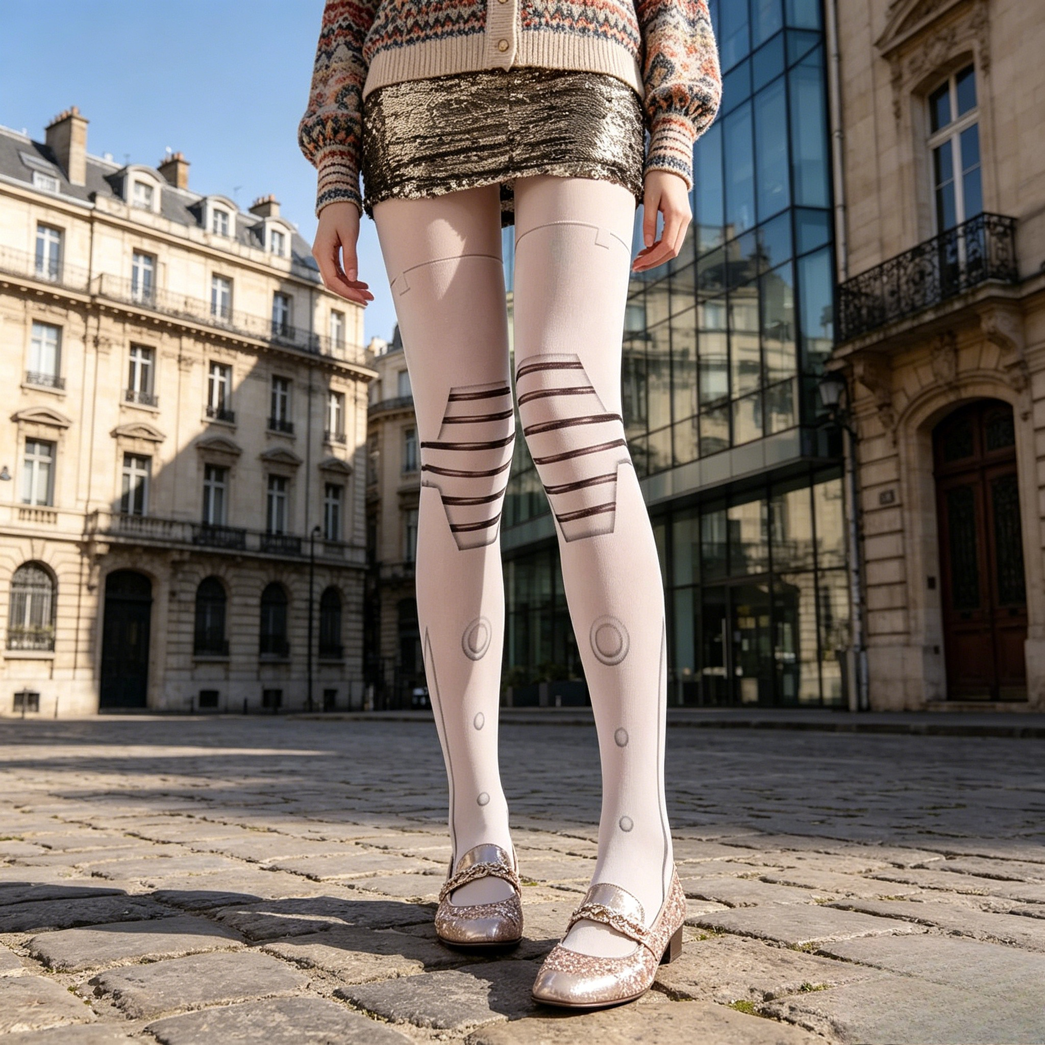 Novel Robot Knee Pattern Bottom Tight Printed Pantyhose