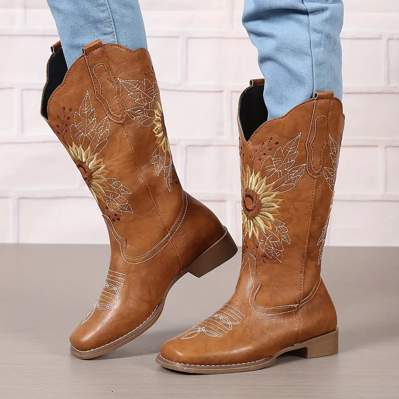 womens embroidered   calf western boots faux leather fashion boots womens footwear 8