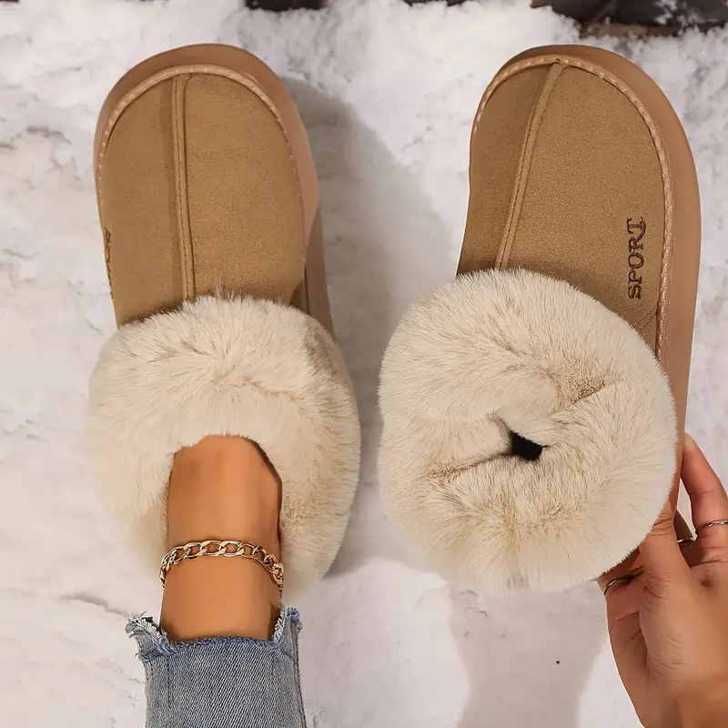 womens solid color fluffy slippers soft sole platform plush lined warm shoes non slip floor mute shoes 5