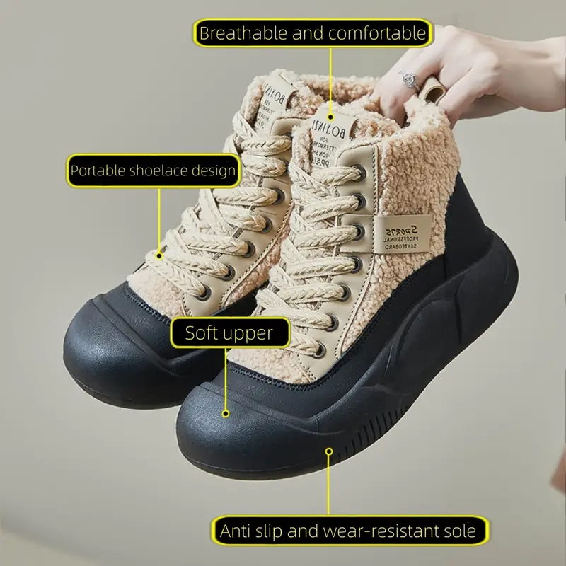 womens platform short boots casual lace up plush lined boots comfortable winter ankle boots details 1