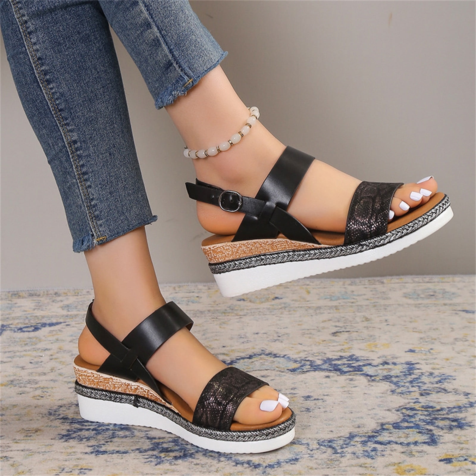 KBODIU Women's Open Toe Buckle Ankle Platform Wedge Sandals Thick Sole Sloping Heel Peep-toe Buckle One Line Casual Sandals
