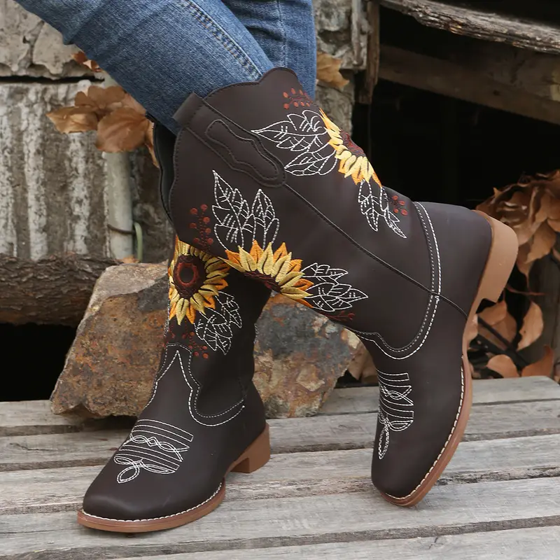 womens embroidered   calf western boots faux leather fashion boots womens footwear 35 coffee 11