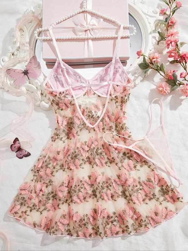 Women's Butterfly Embroidery Cami Nightdress & Thong Sexy Lingerie Set, Comfy Elegant Nighty Dress Set, Ladies Sleepwear for All Seasons