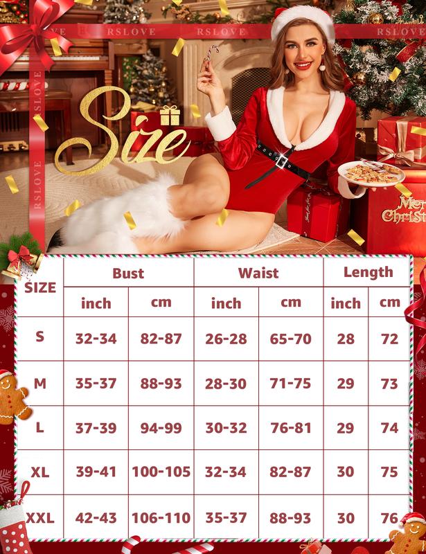RSLOVE Women's Christmas Lingerie Sexy Red Santa Teddy One Piece Bodysuit With Belt Snap Crotch