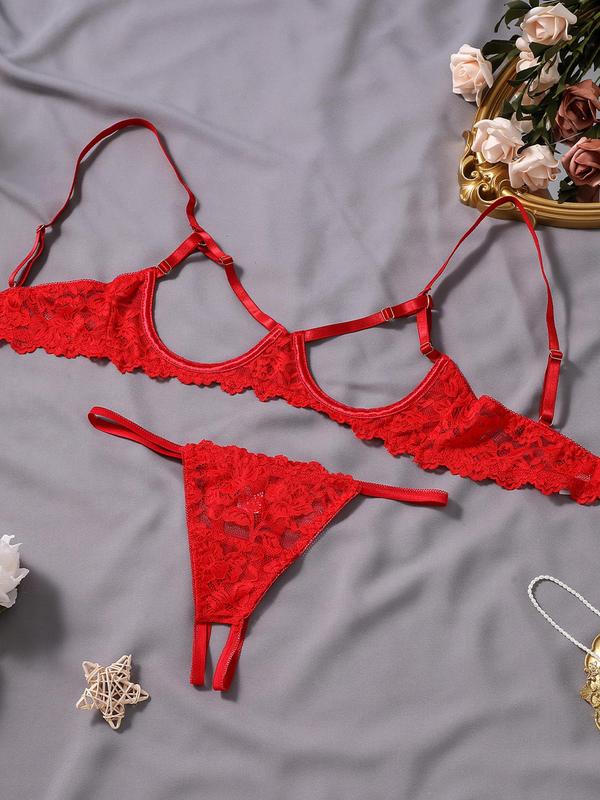 Women's Floral Lace Sexy Lingerie Set, Sexy Cut Out Underwire Bra & Open Crotch Design Thong Two-Piece Set, Lingerie Set for Women
