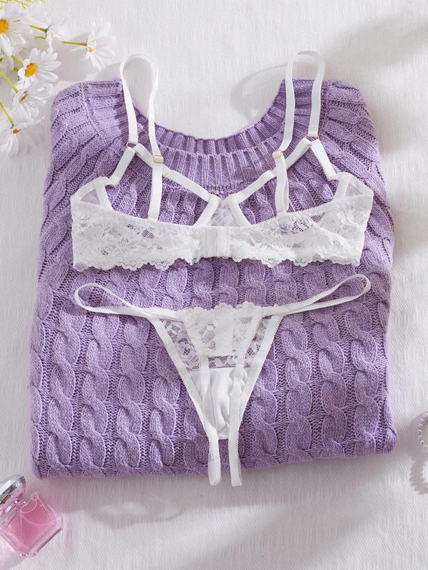 Women's Floral Lace Sexy Lingerie Set, Sexy Cut Out Underwire Bra & Open Crotch Design Thong Two-Piece Set, Lingerie Set for Women