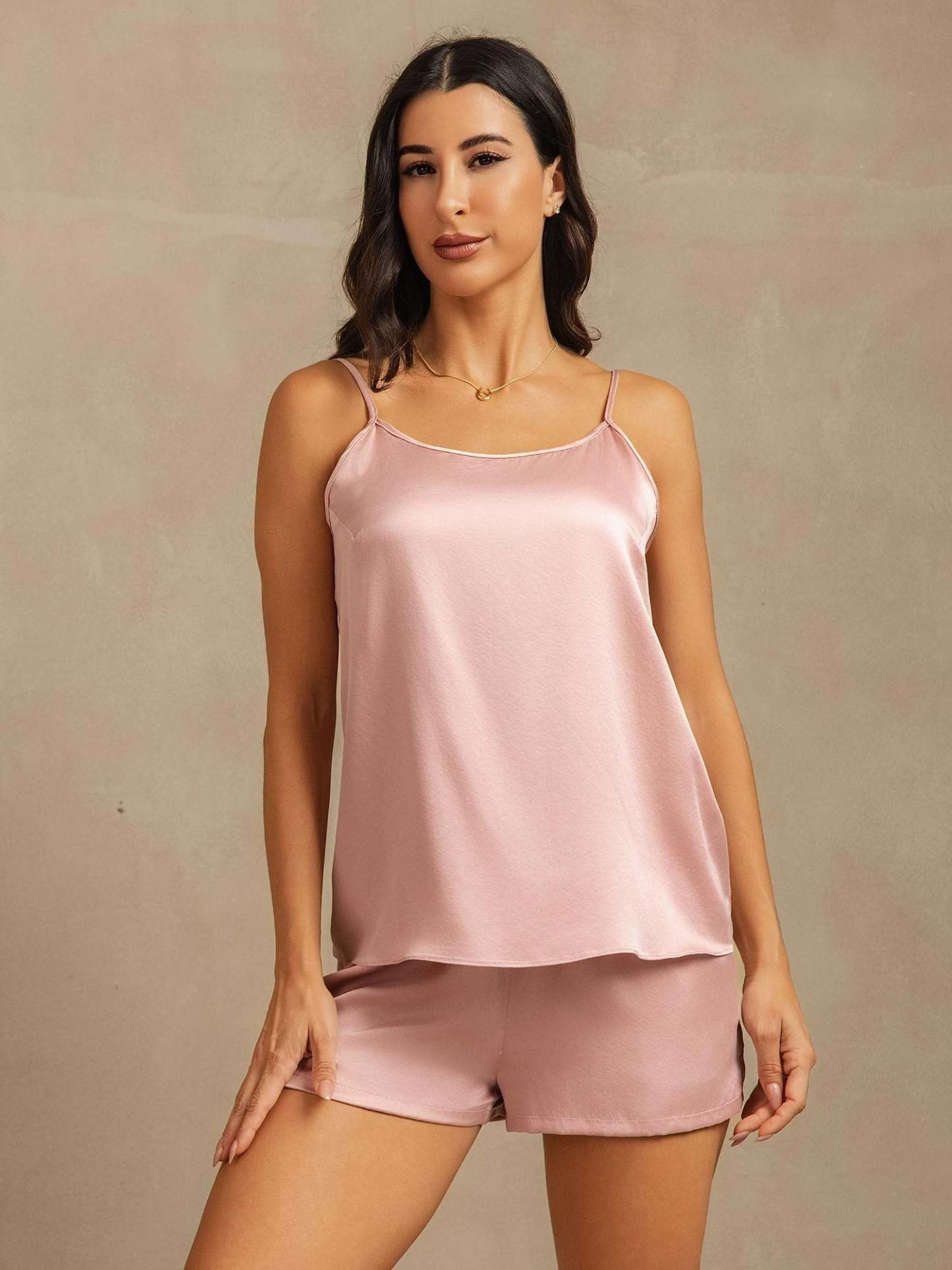 Momme Washable Silk Spaghetti Strap Round Neck Camisole Set with Side Pocket Design