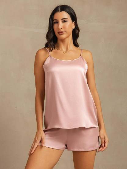 Momme Washable Silk Spaghetti Strap Round Neck Camisole Set with Side Pocket Design