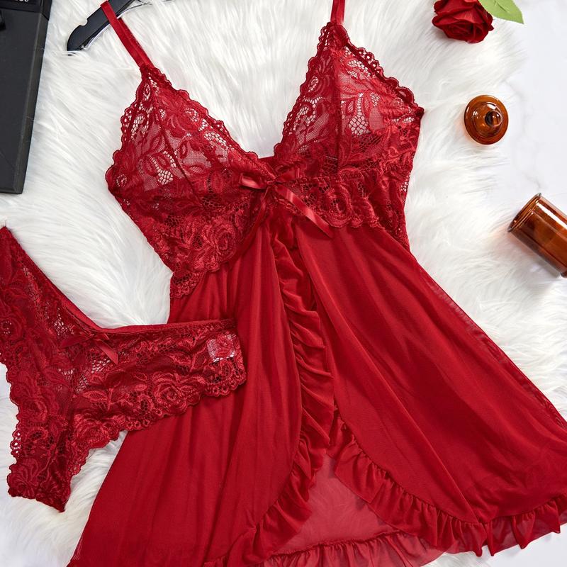Ugreat Women's Contrast Lace Ruffle Trim Wrap Cami Nightdress & Bow Front Panty Set, Comfort Fabric Adjustable Spaghetti Strap Backless Sleep Dress & Knicker Set, Women Underwear, Lingerie for Women Piece Fit Elegant night gown