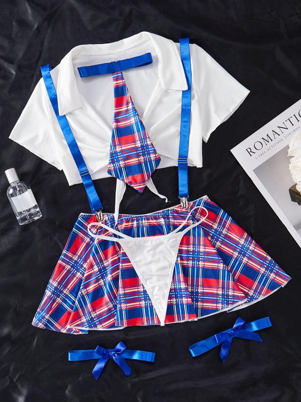 Christmas Temptation Sexy Cosplay Set, Dark Plaid Pattern, Thin Fabric, Fitted Style, Adjustable Strap Design, All Seasons Wear