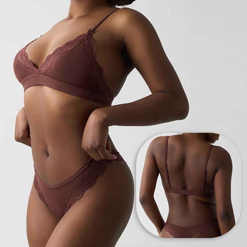 KatchMe Women's Minimalist Lace Series Spaghetti Strap Lace Trim Wirefree Breathable Bralette & Panties Set, Basic Lightweight Underwear Set #BlackFriday#