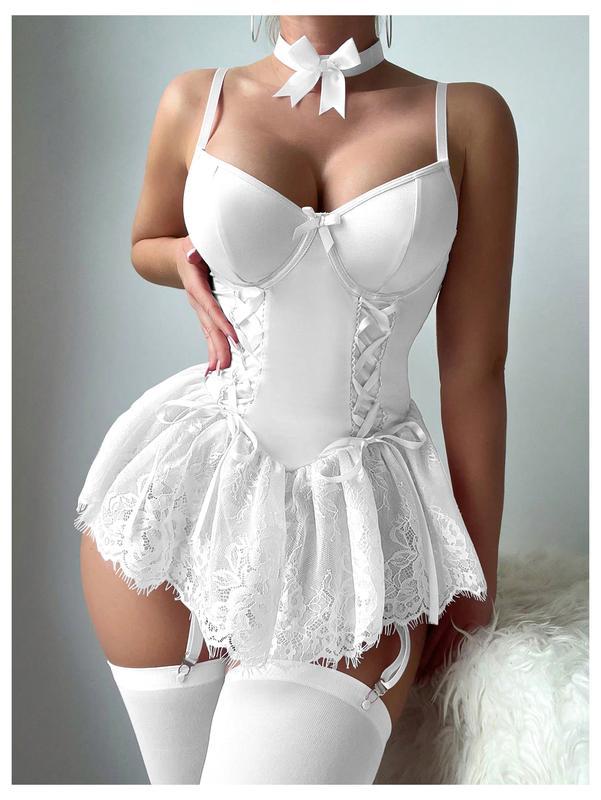 Women's Cute Lace Babydoll Garter Lingerie Dress with Stockings Set Valentine's Day Gift Party Wear Nightwear Comfy