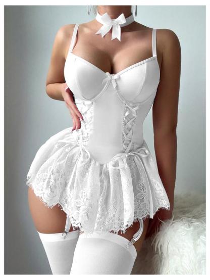 Women's Cute Lace Babydoll Garter Lingerie Dress with Stockings Set Valentine's Day Gift Party Wear Nightwear Comfy