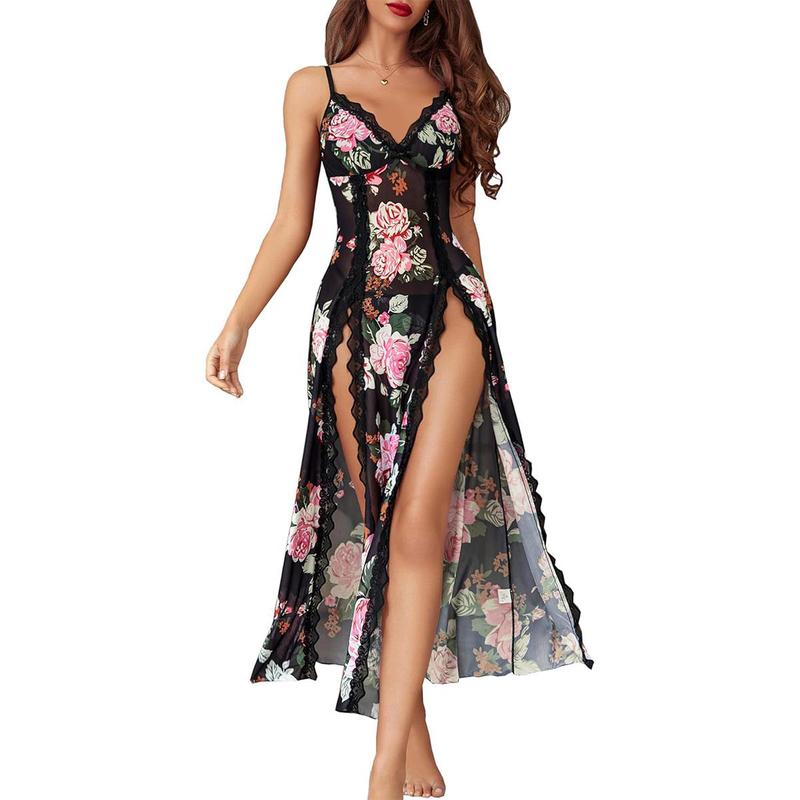 Women's Christmas Lace Nightgown - Floral Mesh Chemise with V-Neck & Side Splits - Fitted Loungewear for Comfortable Wear - Soft Lightweight Lingerie