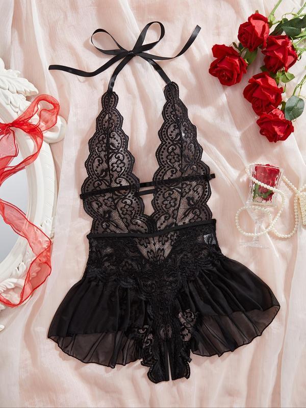 Women's Solid Color Lace Teddy Bodysuit, Sexy Comfy Breathable Aesthetic Push Up Bodysuit for Daily Wear, Women's Lingerie for All Seasons