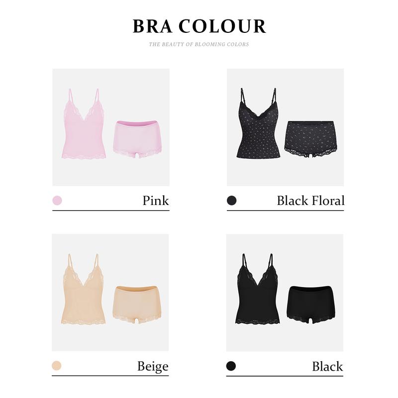 KatchMe Women's Minimalist Lace Series Spaghetti Strap Lace Trim Wirefree Breathable Bralette & Panties Set, Basic Lightweight Underwear Set #BlackFriday#