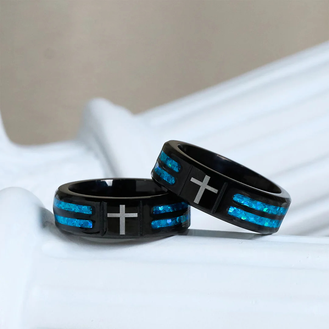 Modern black plated blue opal cross inlay cross band ring