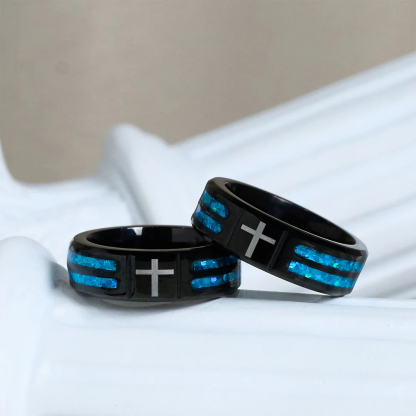 Modern black plated blue opal cross inlay cross band ring