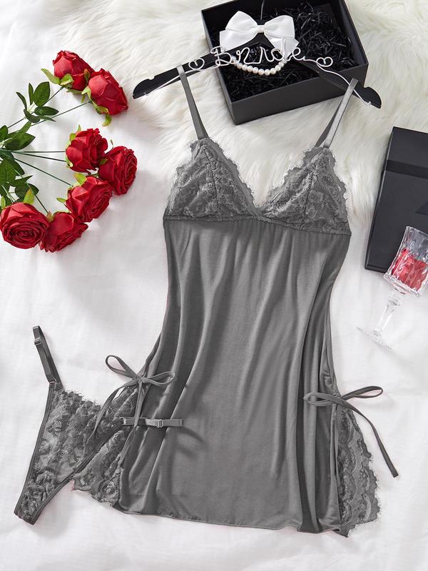 Women's Bow Decor Contrast Lace Cami Nightdress & Thong Set, Comfy Pj Set for All Seasons, Fashion Ladies Sleepwear & Homewear, Sexy Lingerie