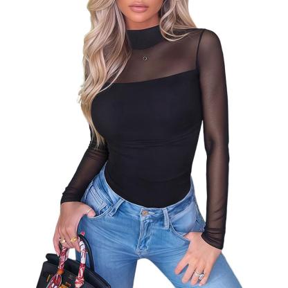 Women's Contour Turtleneck Bodysuit - Long Sleeve Mesh Body Sculpting Top | Premium Seamless Leotard for Evening Wear & Trendy Outfits
